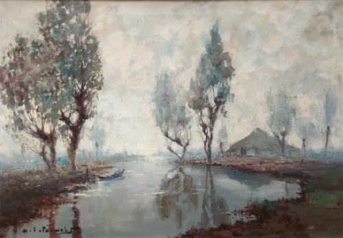 Olieverfschilderij van H J Pauwels van een Impressionistisch gezicht op een hoeve