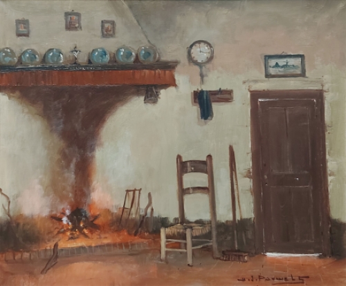 Olieverfschilderij van H J Pauwels van een Impressionistisch zicht op boereninterieur