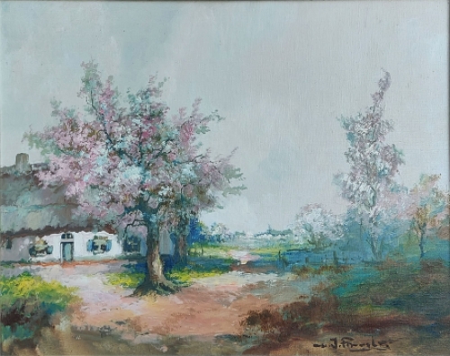 Olieverfschilderij van H J Pauwels boerderijtje