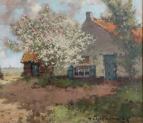 Olieverfschilderij van H J Pauwels van een Impressionistisch landschapje