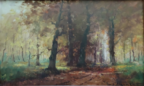 Olieverfschilderij van H J Pauwels van een Impressionistisch gezicht op een bosweg