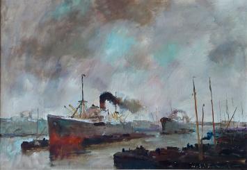 Olieverfschilderij van H J Pauwels van een Impressionistisch havenzicht