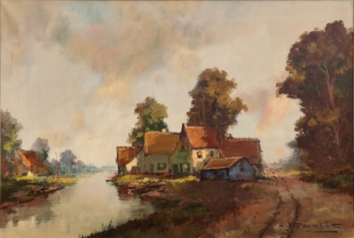 Olieverfschilderij van H J Pauwels van een Impressionistisch landschap