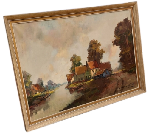 Hoeve met blauw gebouwtje aan de stroom