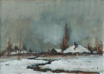 Olieverfschilderij van H J Pauwels van een Impressionistisch sneeuwlandschap