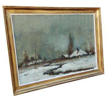 Sneeuwlandschap met beekje en boerderij met licht