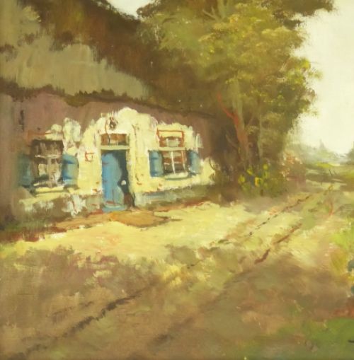 Olieverfschilderij van H J Pauwels van een boerderij langs een veldweg