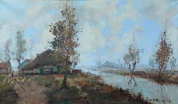 Olieverfschilderij van H J Pauwels van een Impressionistisch landschap