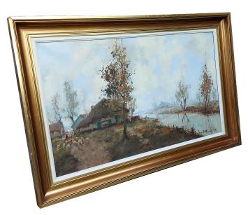 Boerderij in de herfst langs de stroom