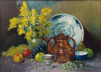 Olieverfschilderij van H J Pauwels van een Impressionistisch bloemenstilleven