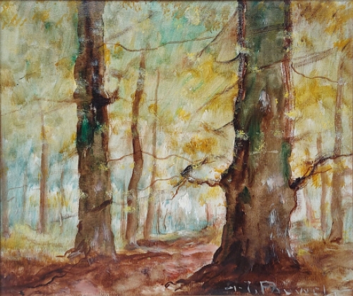 Olieverfschilderij van H J Pauwels van een Impressionistisch gezicht op bomen in het bos