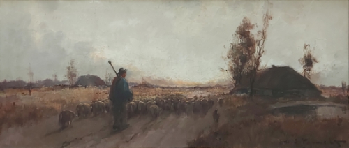 Olieverfschilderij van H J Pauwels van een Impressionistisch gezicht op de heide