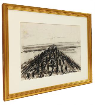 Houtskooltekening, de pier aan de Noordzee