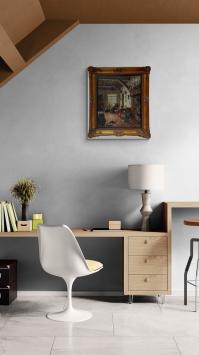 Interieur met naaister aan het raam en een katje 1935