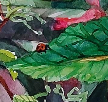 Aquarel, Bloemen met lieveheersbeestje en hommel