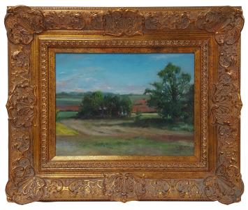 Schilderij van Teresa Beth Hough, Zicht op landschap bij Waterloo 2015, landschap met velden en bomen, olie op paneel, 2015.