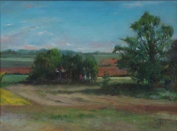 Peinture de Teresa Beth Hough, Zicht op landschap bij Waterloo 2015, paysage avec champs et arbres, huile sur panneau, 2015.