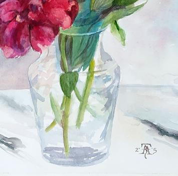 Aquarel, Bloemen in doorzichtig vaasje op tafel 2005