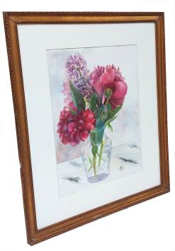 Aquarel, Bloemen in doorzichtig vaasje op tafel 2005