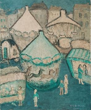 De Vries Hubert met een litho van de kermis