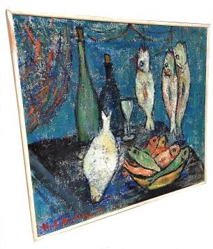 Stilleven met flessen en vissen op tafel 1962