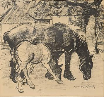 Hubert Malfait  met een litho, paard en veulen