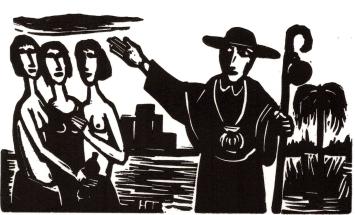 Theo Humblet met een grafisch werk in een kader