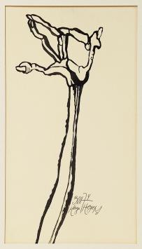 Hugo Heyens met een kunstwerk uit 1974
