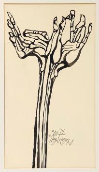 Hugo Heyens met een kunstwerk uit 1974
