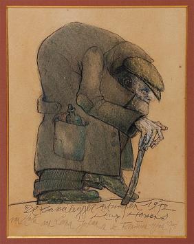 Hugo Heyens met een klein kunstwerkje uit 1972