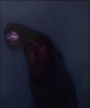 Hugo Heyens met een schilderij in acrylverf
