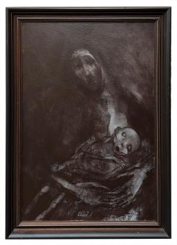 Schilderij “Moeder en Kind uit 1987” van Hugo Heyens met expressieve donkere compositie van moeder en kind.