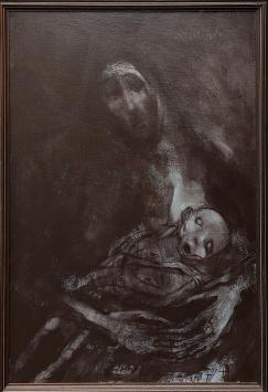 Painting “Moeder en Kind uit 1987” by Hugo Heyens, expressive dark composition of mother and child.