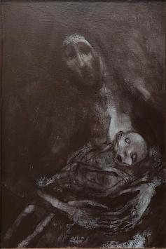 Tableau “Moeder en Kind uit 1987” de Hugo Heyens, composition sombre et expressive de mère et enfant.