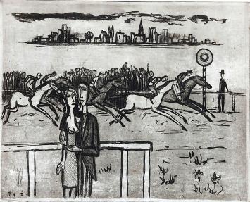 Theo Humblet met een groot grafisch kunstwerk in een kader