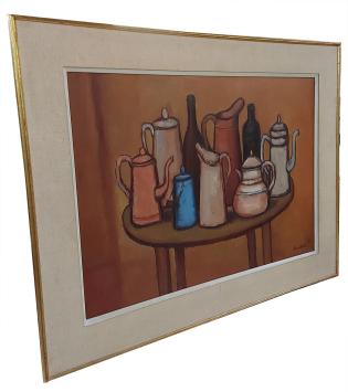 Stilleven, kannen en flessen op tafel 1980