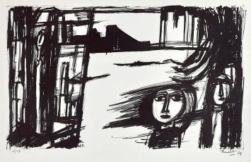 Linosnede uit 1969 van Theo Humblet in een kader