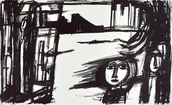 Theo Humblet met een groot grafisch kunstwerk in een kader