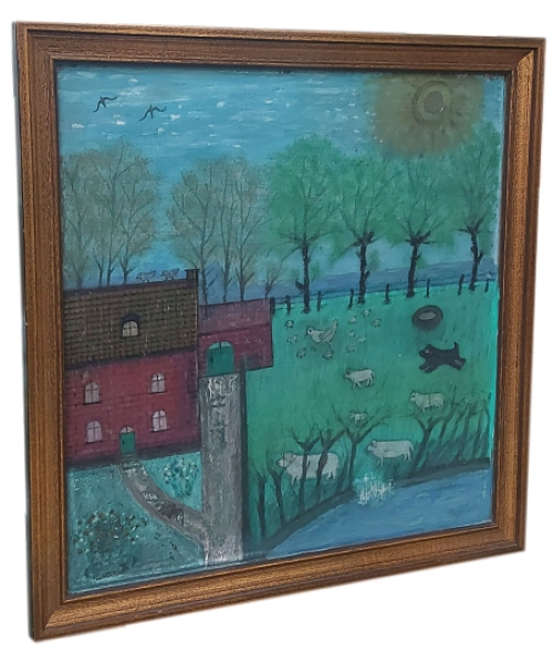 Naïef schilderij: Dieren aan de boerderij