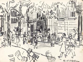 Zicht op winkelstraat getekend door Henri Victor Wolvens