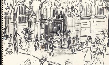 Tekening, op wandel in de winkelstraat