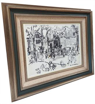 Tekening, op wandel in de winkelstraat