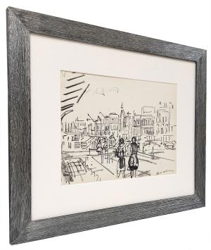 Tekening, mensen op wandel in de straat