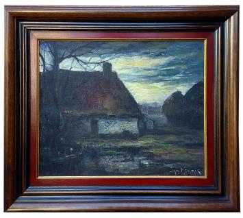 Schilderij “Boerderij aan het ven bij valavond” van Ignace Kennis met boerderij, ven en avondlucht.