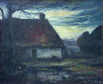 Tableau “Boerderij aan het ven bij valavond” d’Ignace Kennis avec ferme, étang et ciel du soir.