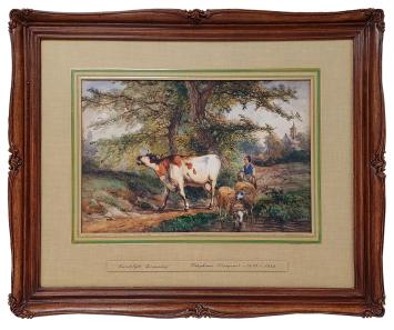 Aquarel van een herderinnetje – Ildephonse Stocquart – Landelijke Zomerdag (ca. 1870)