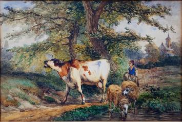 Watercolour of a shepherdess – Ildephonse Stocquart – Country Summer Day (c. 1870)