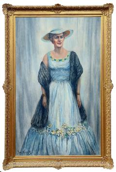 Schilderij “Statige dame” van Ignace Kennis met vrouw in blauwe avondjurk en hoed.