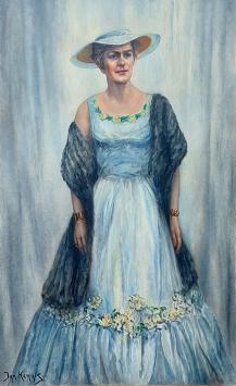 Tableau “Statige dame” d’Ignace Kennis représentant une femme en robe bleue et chapeau.