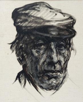 De Mechelse kunstenaar Ignace Kennis met een olieverfschilderij